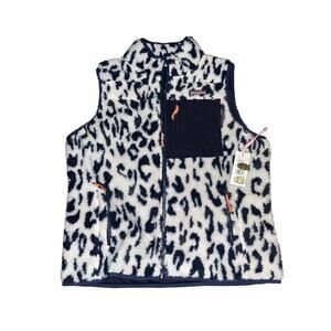Vineyard Vines Womens Large Deep Bay Blue & Crème Leopard Sherpa Supershep Vest